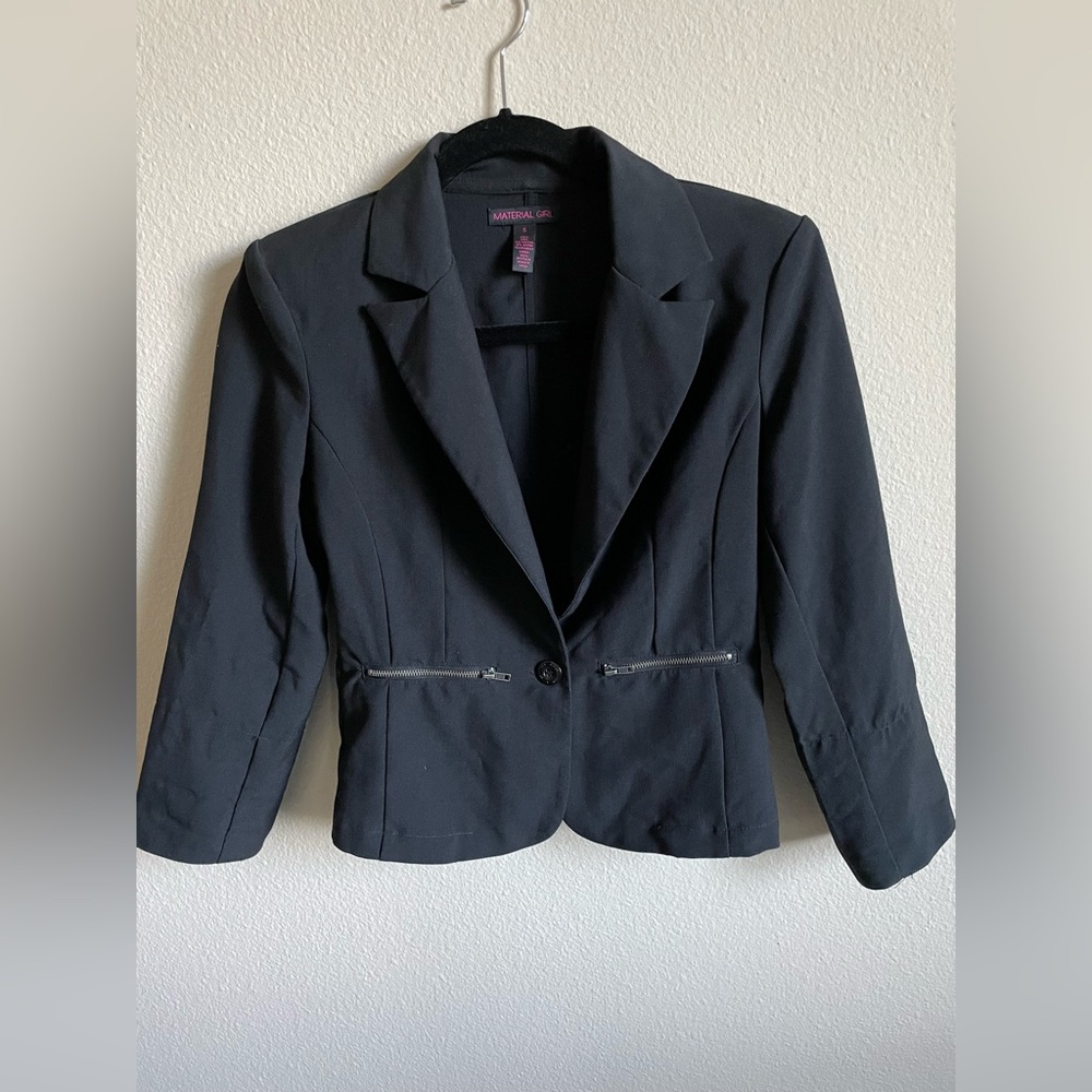 Material Girl Womens Black Single Button Blazer with Zippered Pockets. Size S